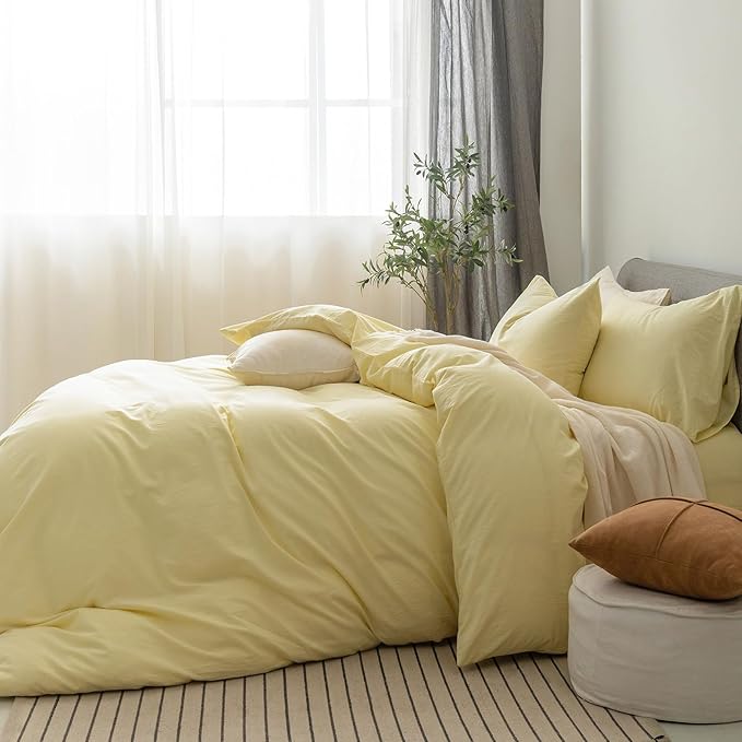 FOSSA Duvet Cover Set 100% Washed Cotton Linen Feel Super Soft Breathable Cozy 3 Pieces Bedding Sets Solid Pastel Yellow Super Queen
