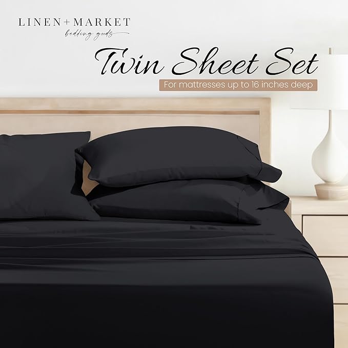 Linen Market Brushed Microfiber Twin Sheet Set 3 Piece – Oeko-TEX Certified Ultra Soft & Wrinkle-Free - 16" Deep Pocket Sheets - Easy Care Twin Size - Black