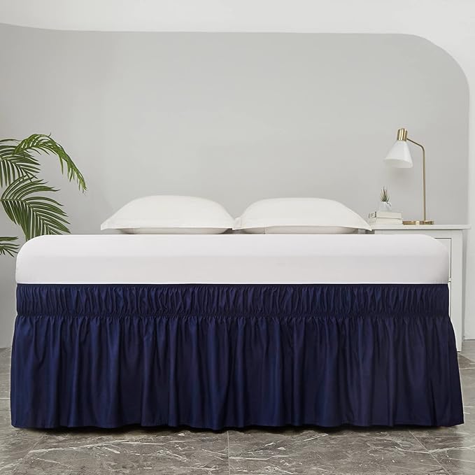 MEILA Wrap Around Bed Skirt Three Fabric Sides Elastic Dust Ruffled 14 Inch Tailored Drop,Easy to Install Fade Resistant-Navy Blue, Twin/Full