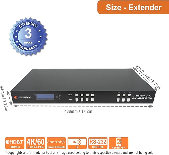 J-Tech Digital HDBaseT 4x4 Matrix Extender Switcher Supports HDMI2.0 HDCP2.2 4K60Hz 4:4:4 HDR Dolby Vison with 4 PoC Receivers, Over Single Cat5e/6 Cable, Control App, Compatible with Control4 Driver
