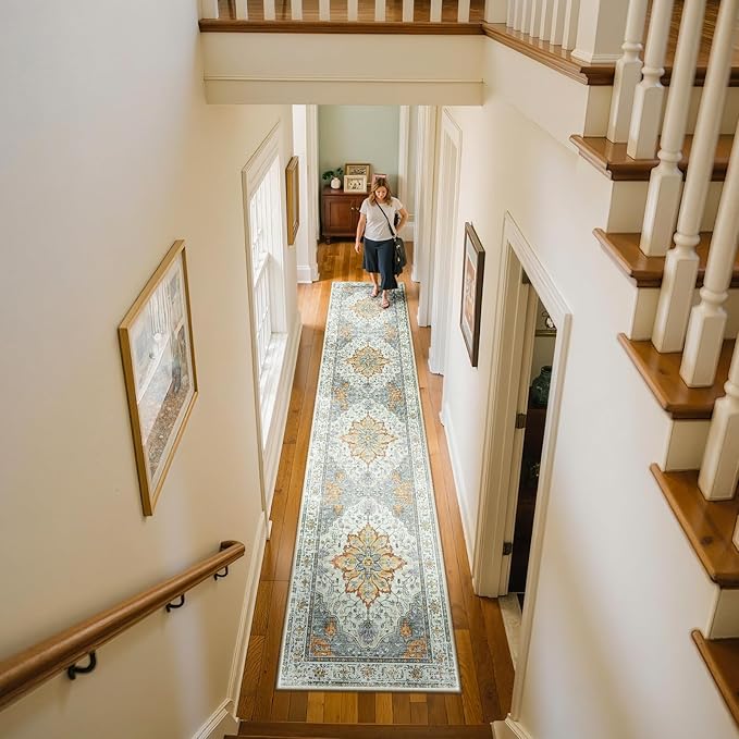 Area Rugs 2'x10' Washable Non-Slip, Floral Vintage Distress Print Pattern Medallion Carpet for Living Room Bedroom Dining Room, Light Yellow Carbon Grey Orange