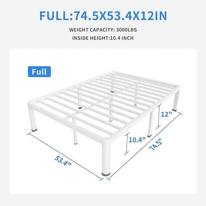 MAF 12 Inch Full Size Metal Platform Bed Frame White with Round Corner Legs, Mattress Slide Stopper, 3000 LBS Heavy Duty Steel Slats Support, Noise Free, No Box Spring Needed, Easy Assembly
