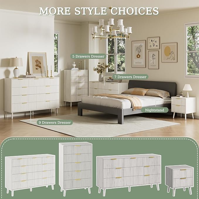 LYNSOM 55" Wide Fluted Dresser for Bedroom with 7 Drawer, Modern Chest of Drawers with Curved Profile Design and Metal Handles, Wood Dresser TV Stand & Storage Organizer for Living Room, White