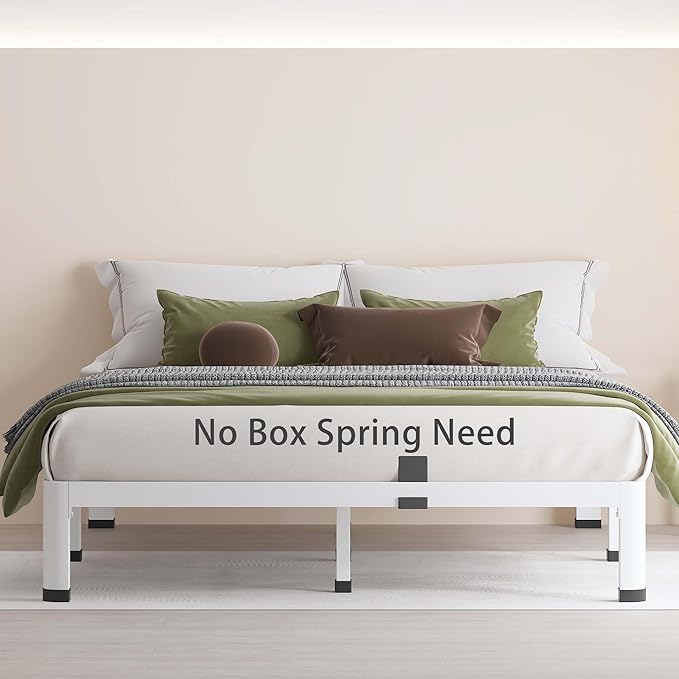 MAF 7 Inch Full Size Metal Platform Bed Frame White with Round Corner Legs, Mattress Slide Stopper, 3000 LBS Heavy Duty Steel Slats Support, Noise Free, No Box Spring Needed, Easy Assembly