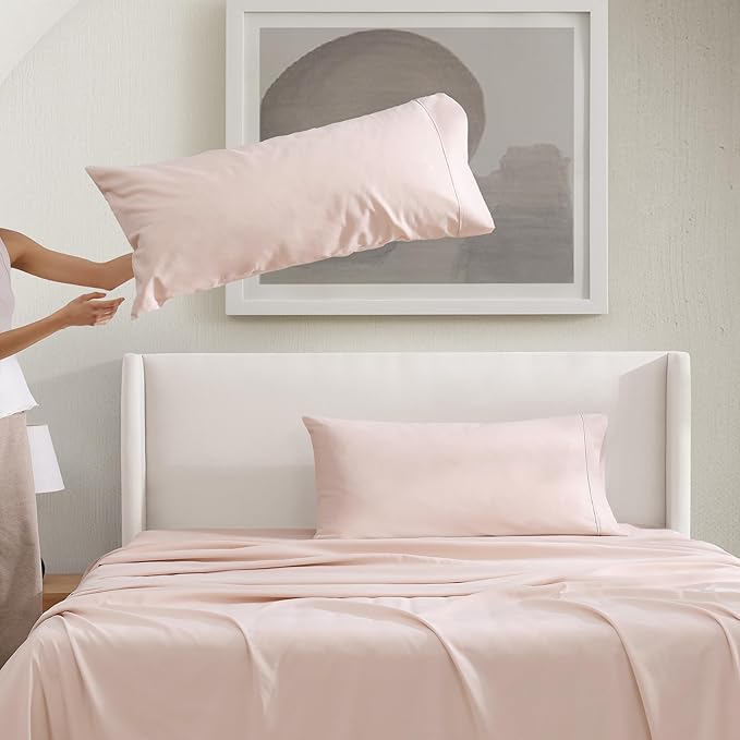 UGG King Sheet Set 4-Piece Luxury Cooling Sheets Deep Pockets Premium Bedding with 2 Pillow Shams Hypoallergenic Machine Washable Soft Lightweight Bed Set for Bedroom, King, Shell Light Pink (Hedi)