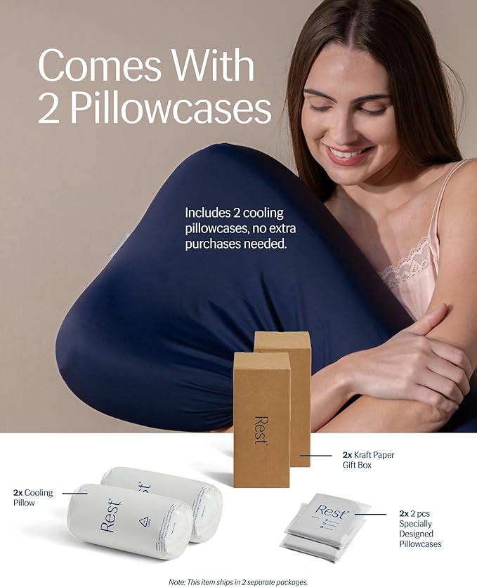 REST® Evercool® Cooling Pillow, Set of 2, Instant Cool-to-Touch Shell Fabric & Breathable Silicone Sponge Core for All-Night Temperature Regulation & Ergonomic Support, Low Height, Light Blue