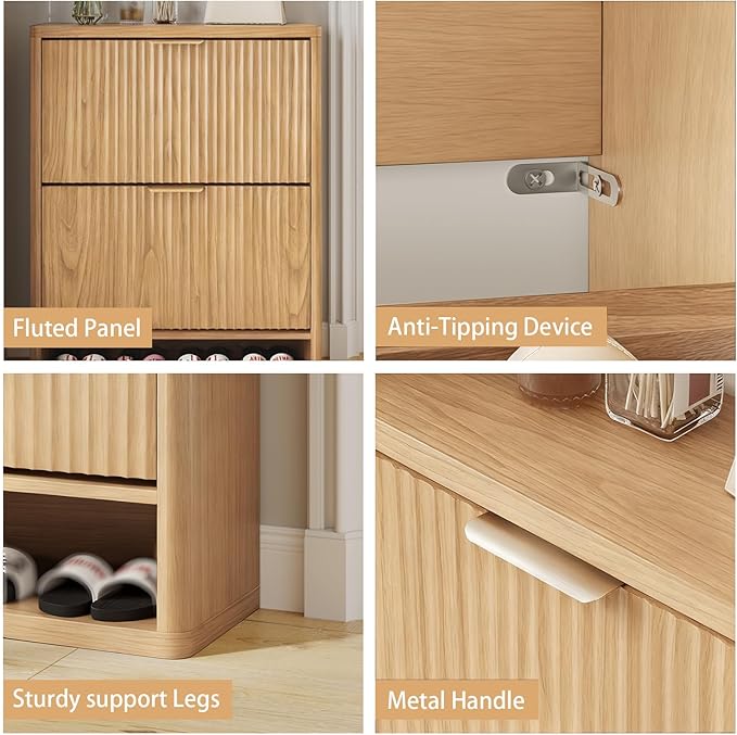 Fluted Shoe Cabinet Storage with 2 Flip Drawers, Narrow Shoe Storage Organizer for Entryway, Hidden Slim Wooden Shoe Rack Cabinet for Front Door Entrance, Hallway, Living Room (2-Drawer, Oak)