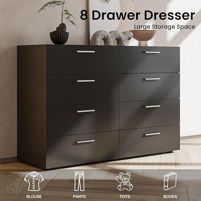 Karl home 8 Drawer Dresser, Wood Black Vanity Drawer Cabinet, Bedroom Storage Cabinet TV Stand, Large Dresser Storage Chest with Deep Drawers, Bedroom Furniture，55.1 * 31.5 * 15.7 inches