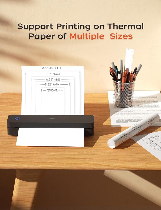 PRT Portable Printer Wireless for Travel, Inkless Bluetooth Compact Mobile Thermal Printer, Supports 8.5" X 11" US Letter, A4 A5, Compatible with iOS, Android, Laptop for Home Use, Office & Vehicles