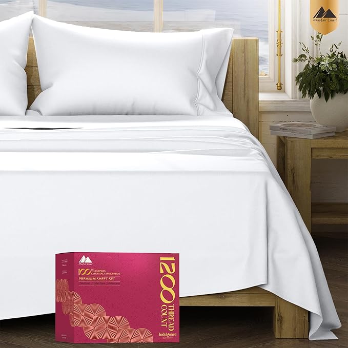 Mayfair Linen 100% Egyptian Cotton Queen Sheet Set - Luxury 1200 High Thread Count Egyptian Cotton Sheets Queen Size (4 PC, White), Silky Soft, Cooling, 17" Deep Pocket Sateen Weave Hotel Bedding