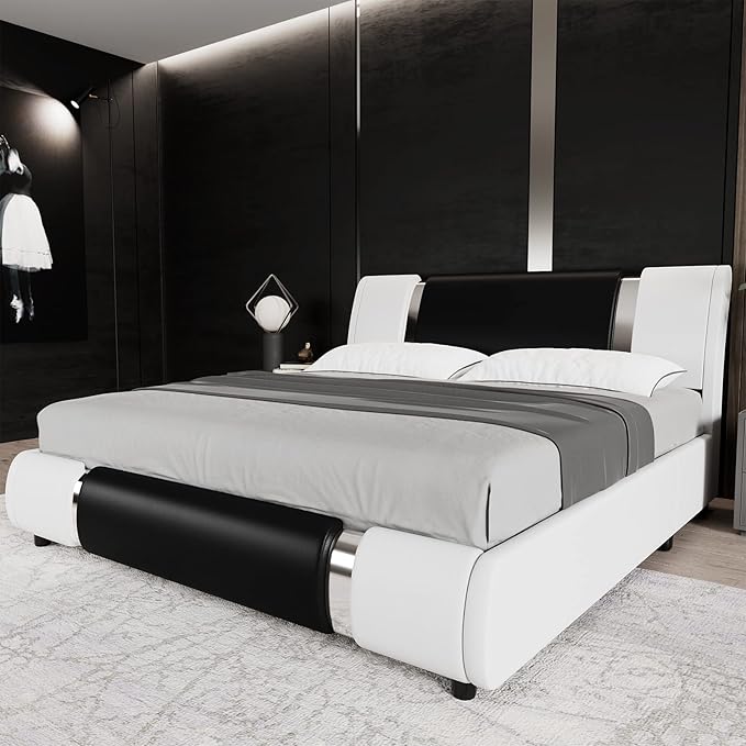 TTVIEW Modern Faux Leather Upholstered Platform Bed Frame with Iron Metal Decor, Adjustable Curved Headboard, Wooden Slats Support, No Box Spring Needed, Queen Size, Blackwhite