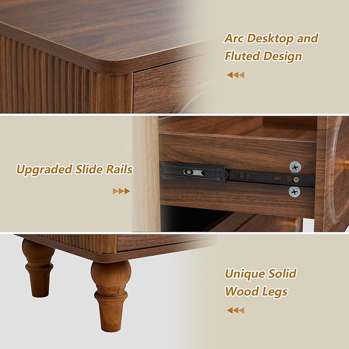 5 Drawer Fluted Dresser for Bedroom, Mid Century Modern Chest of Drawers, Wood Storage Large Dresser Organizer for Bedroom Living Room Hallway Closet, Walnut