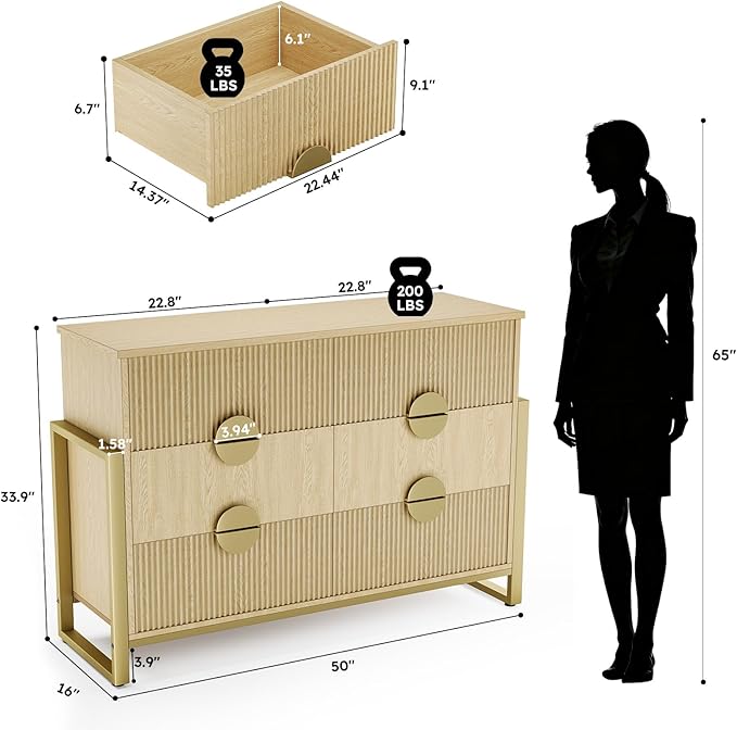 LGHM Fluted Dresser for Bedroom with 6 Drawers, 6 Drawer Dresser, 50" W Chest of Drawers Closet Organizers & Storage Clothes -Solid Semicylinder Fluted Drawers, Bold Reinforcement Metal Frame, Oak
