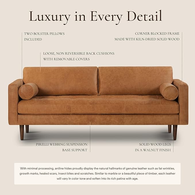 POLY & BARK Napa 88.5" Leather Sofa – Full-Grain Italian-Tanned Aniline Leather, Feather-Down Comfort, Solid Wood Frame, Walnut Legs, Cognac Tan