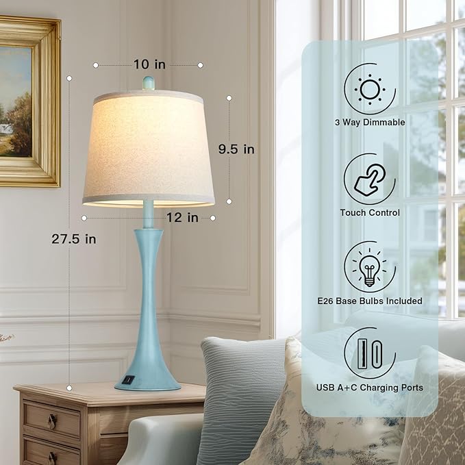 Riweey Blue Metal Table Lamp Set of 2 with USB C+A Ports, Bedside Lamp, Modern Bedroom Lamps, Coastal Lamp for Night Stands Bedroom Living Room,Nightstand Lamp LED Bulbs Included