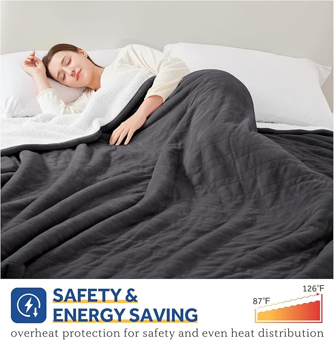 SEALY Electric Blanket King Size, Flannel & Sherpa Heated Blanket with 10 Heating Levels & 1-12 Hours Auto Shut Off, Fast Heating Blanket, Machine Washable, Grey, 100 x 90 Inch