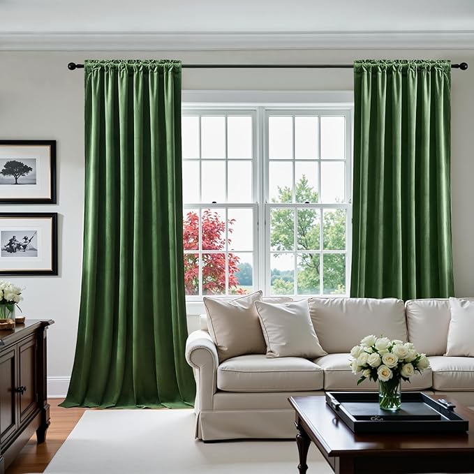 Olive Green Velvet Curtains 108 Inches Long for Bedroom, Luxury Room Darkening Thermal Insulated Blackout Curtains Luxury Window Drapes for Living Room, Back Tab Rod Pocket, W52 x L108, 2 Panels