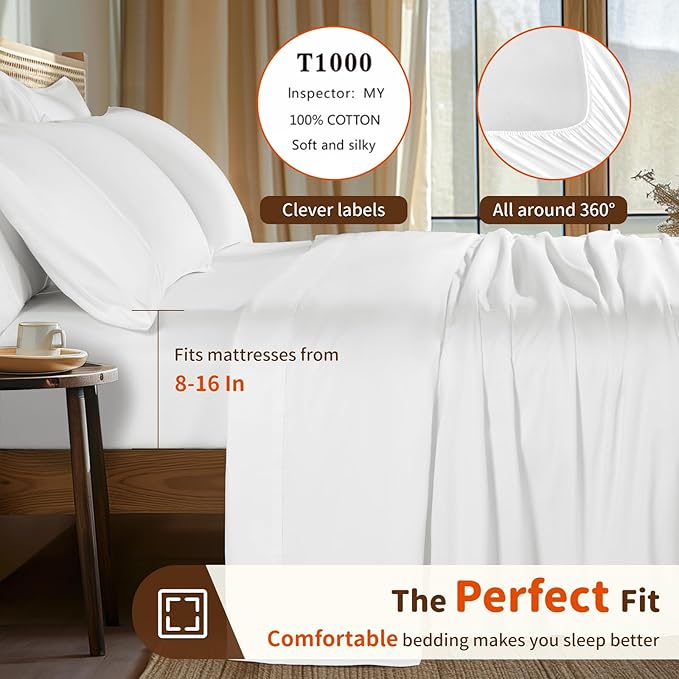 LBRO2M 1000 Thread Count 100% Egyptian Cotton Sheets Set 6 Piece Sets Queen Bed Sheet Deep Pocket Sheet Set 16" Soft Comfortable All Season (Queen, White)