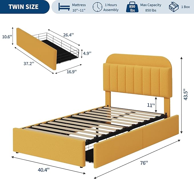 Jojoka Twin Bed Frame with Storage Headboard and 2 Drawers, Boucle Upholstered Platform Bed, Modern Girls Bed Frames for Rooms, No Box Spring Needed, Easy Assembly (Yellow, Twin)