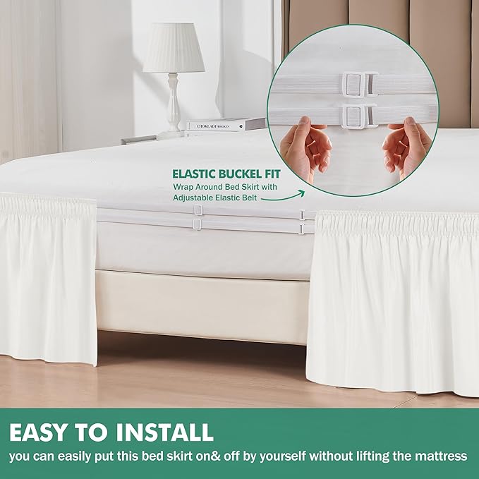 Biscaynebay Wrap Around Bed Skirts with Split Corners for King Beds 14" Drop, Ivory Elastic Dust Ruffles Adjustable Easy Fit Wrinkle & Fade Resistant Silky Luxurious Fabric Machine Washable