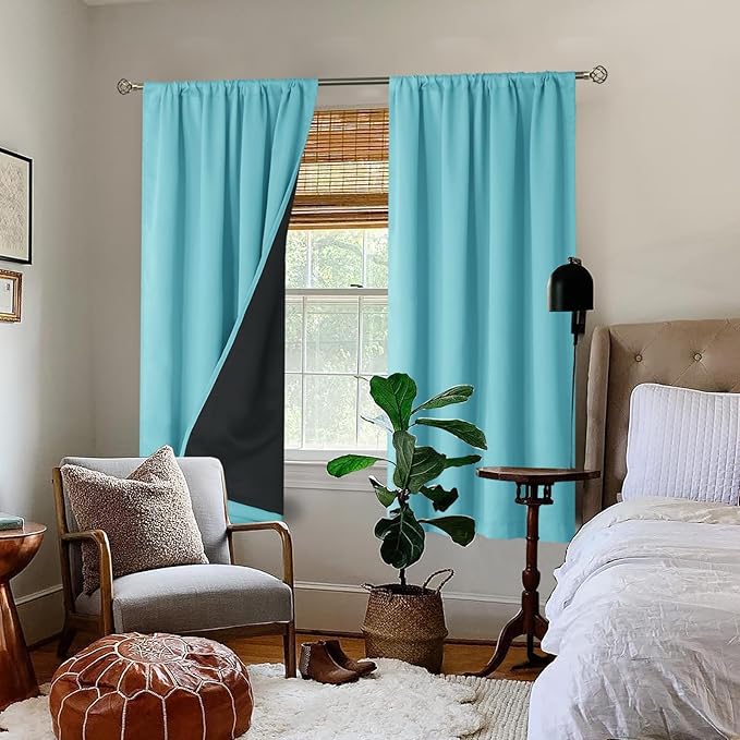 BGment 100% Blackout Curtains for Bedroom 63 Inch Length, Full Room Darkening Curtains for Living Room Rod Pocket with Thermal Insulated Liner, Each Window Curtains 2 Panels, 52 x 63 Inch, Aqua