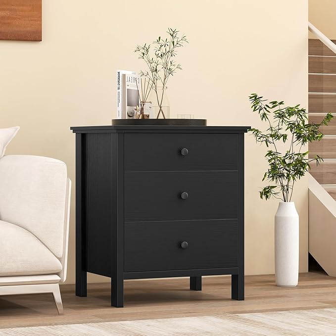 Giantex Nightstand with 3 Drawers, Wooden Side End Table with Solid Wood Legs, Retro 3-Drawer Bedside Table Night Stand for Bedroom Home Office Small Space, Easy Assembly, Black