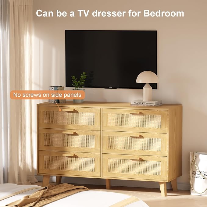 Wide Rattan Dresser, 6 Drawer Dressers Bedroom Furniture Large Storage Tower Unit, Dresser for Bedroom, Closet,Hallway, Walnut