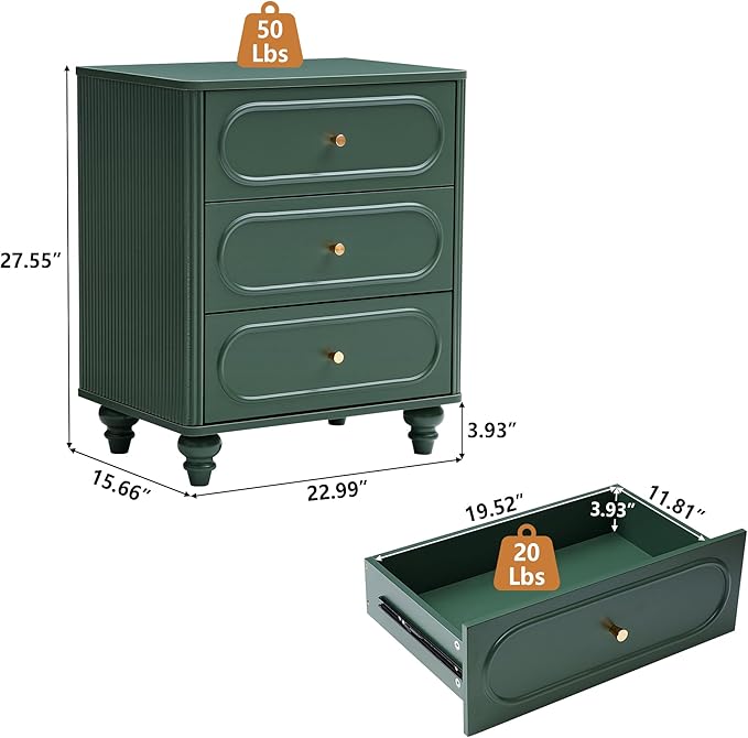 3 Drawer Fluted Dresser for Bedroom Set of 2, Mid Century Modern Chest of Drawers, Wood Storage Small Dresser Organizer for Bedroom Living Room Hallway Closet, Green