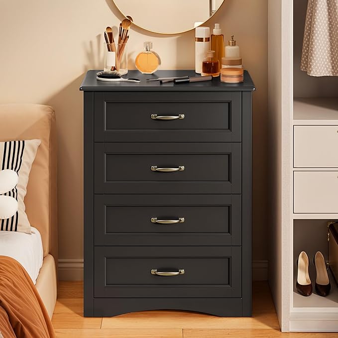 Gizoon Dresser for Bedroom with 4 Drawers Wooden Chest of Drawers for Closet Dresser Storage Unit Organizer for Hallway Living Room and Office, Black