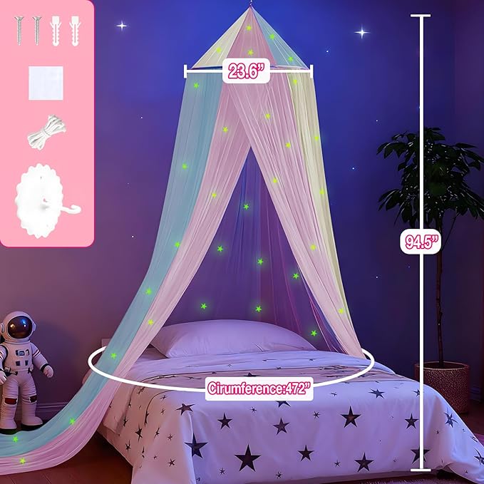 Rainbow Bed Canopy for Girls with Glowing Stars, Colorful Princess Canopy Bed Curtains for Twin, Full, and Queen Sizes,Mosquito Netting for Baby Crib,Ceiling Tent for Kids Bedroom Decor