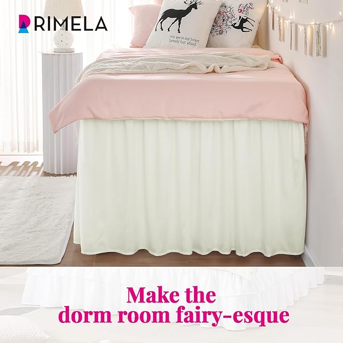 RIMELA Ivory White Dorm Bed Skirt Twin XL 32 Inch Drop, Easy to Install Extra Long Wrap Around Elastic Dust Ruffle, Bedskirt Silky Fabric Machine Washable (Twin XL 80“L x 39”W & Twin 75“L x 39”W)