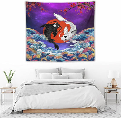 Houselerax Japanese Koi Fish Tapestry, Yin Yang Big Wave Cherry Blossom Tapestries Wall Hanging for Bedroom Living Room Office Decor 60"x50"