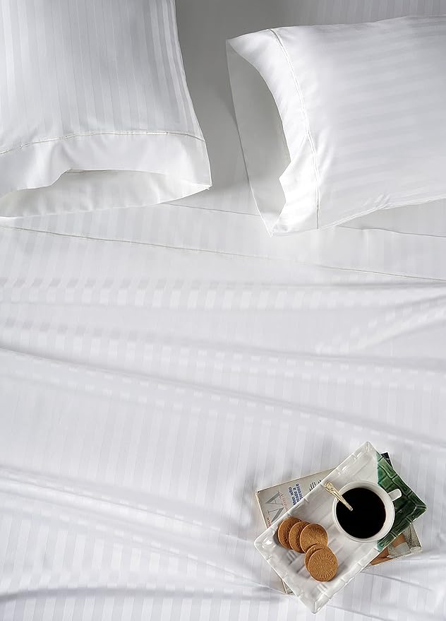 Lane Linen White Queen Sheet Set - 100% Cotton Striped Sheets for Queen Size Bed, Satin Soft Luxury Striped Sheets Queen Size, Deep Pocket Fitted Sheets - 4 PC Bedding Sheets & Pillowcases Set - White