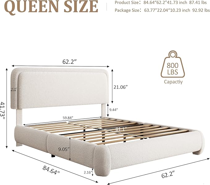 Queen Size Bed Frame with Adjustable Headboard, Boucle Upholstered Platform Bed with Wood Slats, Anti-Collision Soft Rounded Corners, No Box Spring Needed, Noise-Free, Easy Assembly