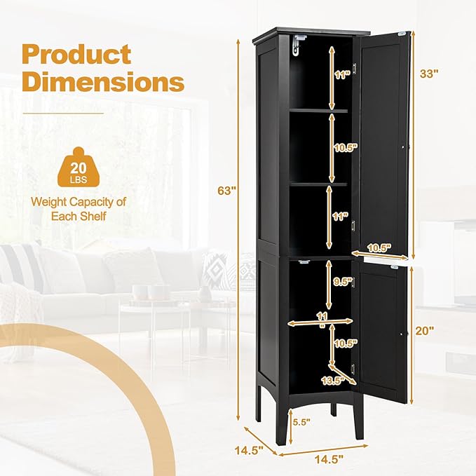 COSTWAY Tall Bathroom Storage Cabinet, 5-Tier Freestanding Linen Tower Cabinet with 2 Doors, Wooden Side Storage Organizer, Narrow Slim Floor Cabinet for Bathroom, Living Room, Kitchen (Black)