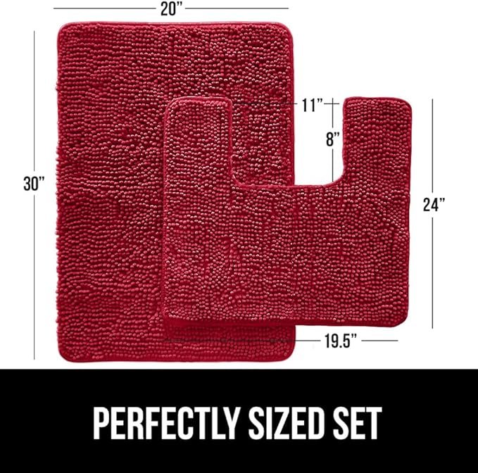 GORILLA GRIP Bathroom Rug Sets, Soft Chenille 2 Piece Area Rugs Set, Toilet Base Mat and 30x20 Carpet, Absorbent Microfiber Washable Mats Dry Quickly, Home Décor and Bath Room Accessories, Red