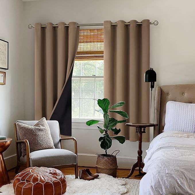 BGment Thermal Insulated 100% Blackout Curtains for Bedroom with Black Liner, Double Layer Full Room Darkening Noise Reducing Grommet Curtain (52 x 72 Inch, Taupe, 2 Panels)