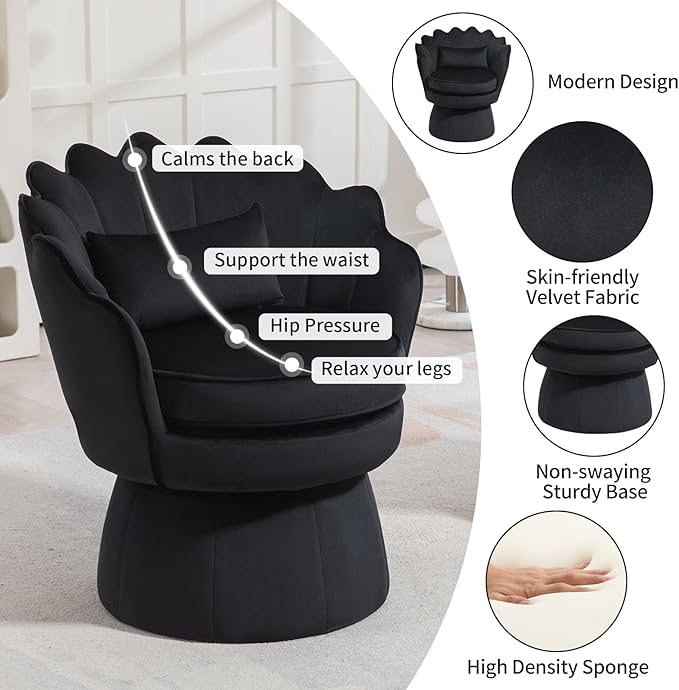 360° Swivel Accent Chair, Mid-Century Modern Velvet Barrel Chair, Comfy Shell Shape Arm Chair with Lumbar Pillow for Living Room, Bedroom, Office, Black
