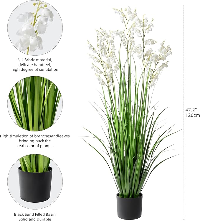 Artificial Tall Grass Plants with Pots 47“ 1 Pack Lily of The Valley Artificial Grass Home Interior Decorating and Outdoor Garden Decorations（White）
