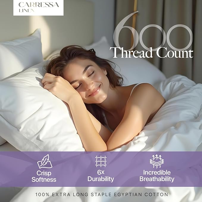 Carressa Linen California King Egyptian Cotton Sheet Sets - 600 Thread Count Cal King Cotton Sheet Set (4 PC, Crisp White), Extra Soft, Cooling, 16" Deep Pocket Sateen Weave Luxury Hotel Bed Sheets