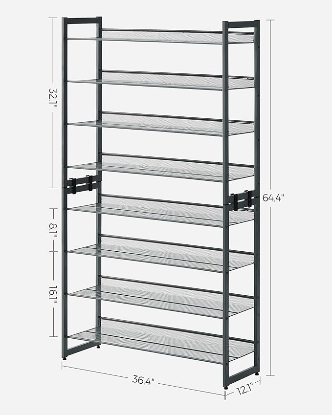 SONGMICS Shoe Rack, 8-Tier Shoe Organizer, Metal Rack for Garage, Set of 2, 4-Tier Stackable Shelf, with Adjustable Flat or Angled Shelves, 32-40 Pairs, Charcoal Gray ULMR08GB