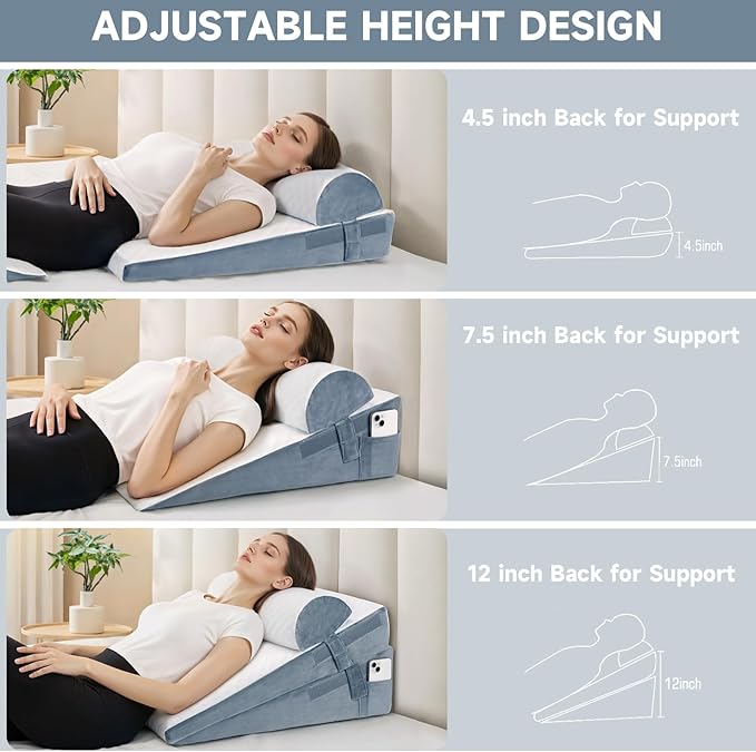 Bed Wedge Pillow for Sleeping, 3 Pcs Adjustable Height 4.5&7.5&12 Inch Triangle Pillow Wedge for Post Surgery, Acid Reflux, Snoring, Legs Pain Relief (Gray)