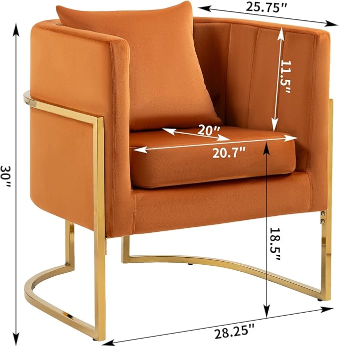 Velvet Modern Accent Chair, Upholstered Barrel Armchair Mid Century with Pillow for Living Room, Comfy Single Vanity Chair with Metal Gold Legs for Bedroom, Orange