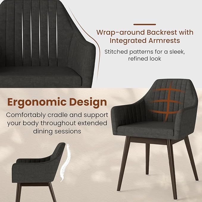 Giantex Upholstered Dining Chairs Set of 2, Mid Century Kitchen Chairs with Solid Wood Legs, Wrap-Around Backrest, Modern Accent Armchair for Living Room, Dining Room, Bedroom, Dark Grey