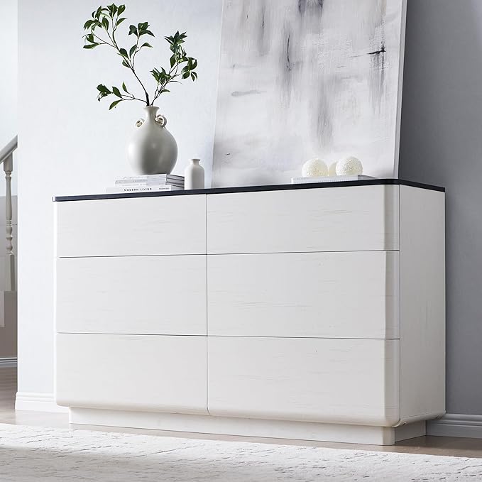 ACCOHOHO Modern 6 Drawer Dresser for Bedroom, 52" Wide Wooden Dressers with Large Storage,Handleless Chest of Drawers TV Stand for Living Room & Hallway, Curved Profile Design, White