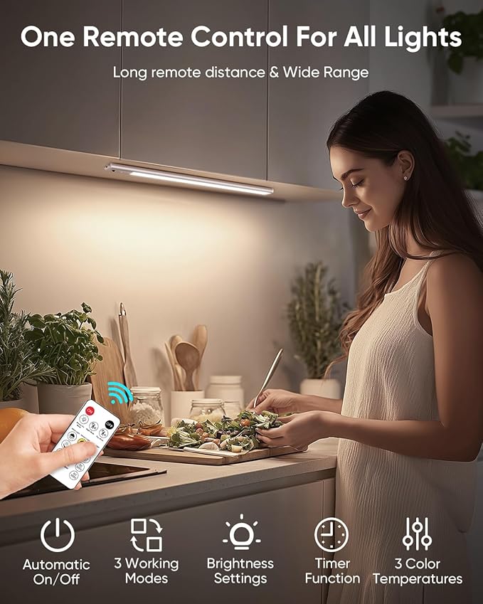 Under Cabinet Lighting Wireless, 2200mAh Rechargeable Battery Operated Motion Sensor Light Indoor, 3 Color Temps Under Counter Light, Dimmable Wireless Closet Lights w/Remote for Kitchen,Pantry,4 Pack