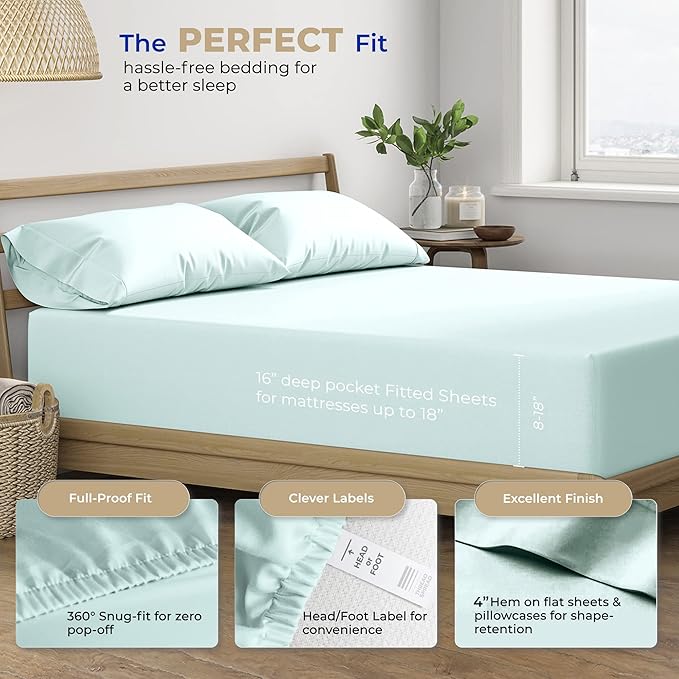 THREAD SPREAD 400 Thread Count King Cotton Sheets - 4 PC King Size Bed Sheet Set Cotton (Sea Foam), Soft, Cooling, Hotel-Quality 16" Deep Pocket Sateen Bedsheet for Hot Sleepers (Fits 18" Mattress)