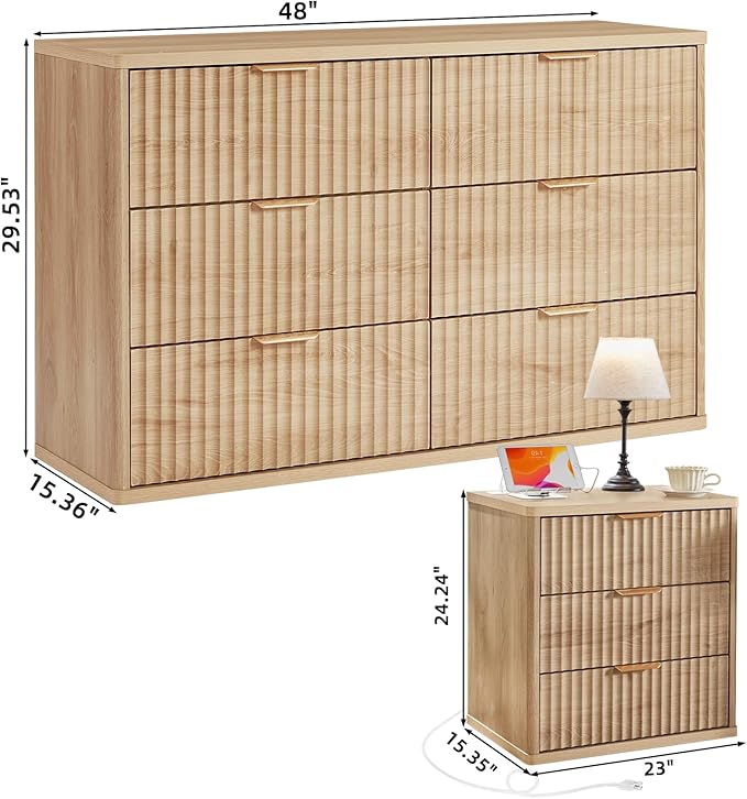 LEYAOYAO Fluted Dresser and 3 Drawers Nightstand Set of 2, Wood 48" Wide Dresser & 23" Night Stand with Charging Station, 3 Piece Bedroom Furniture Set, Chest of Drawers for Home,Living Room,Wood