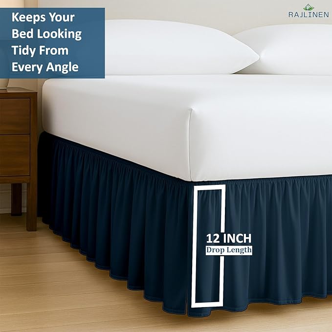 Rajlinen Ruffled Bed Skirt Queen, 12 Inch Drop Dust Ruffle with Split Corners, 100% Microfiber Bedskirt with Platform, Three-Sided Coverage Ruffled Gathering Design, Navy Blue