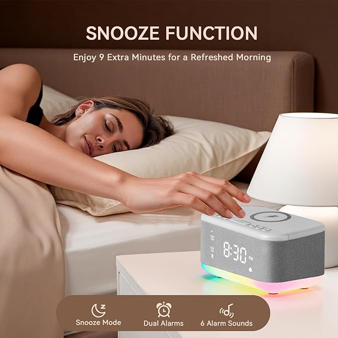 Wireless Charging Alarm Clock Bedroom, Loud Digital Alarm Clocks Bedrooms, Alarm Clock Night Light Speaker 8W Snooze Dual Alarm 12/24H Adjustable Brightness Dimmer Bluetooth, Grey